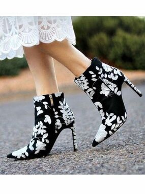 Zara Black and White Floral Embroidered Pointed Stiletto Ankle Booties